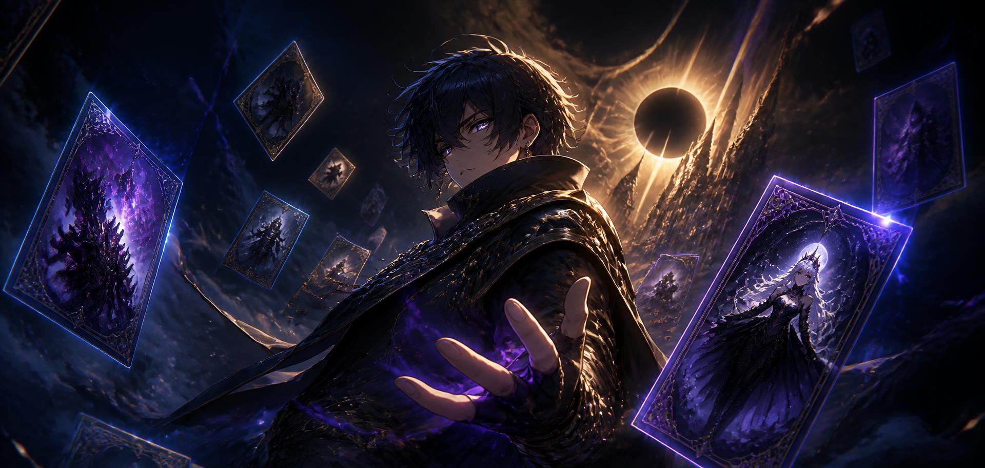 Colecionador invocando cartas holográficas de anime